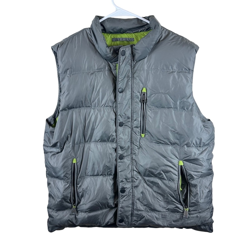 Orvis Mens Size Large Classic Collection Down Puffer Vest Gray Lime Green Trim